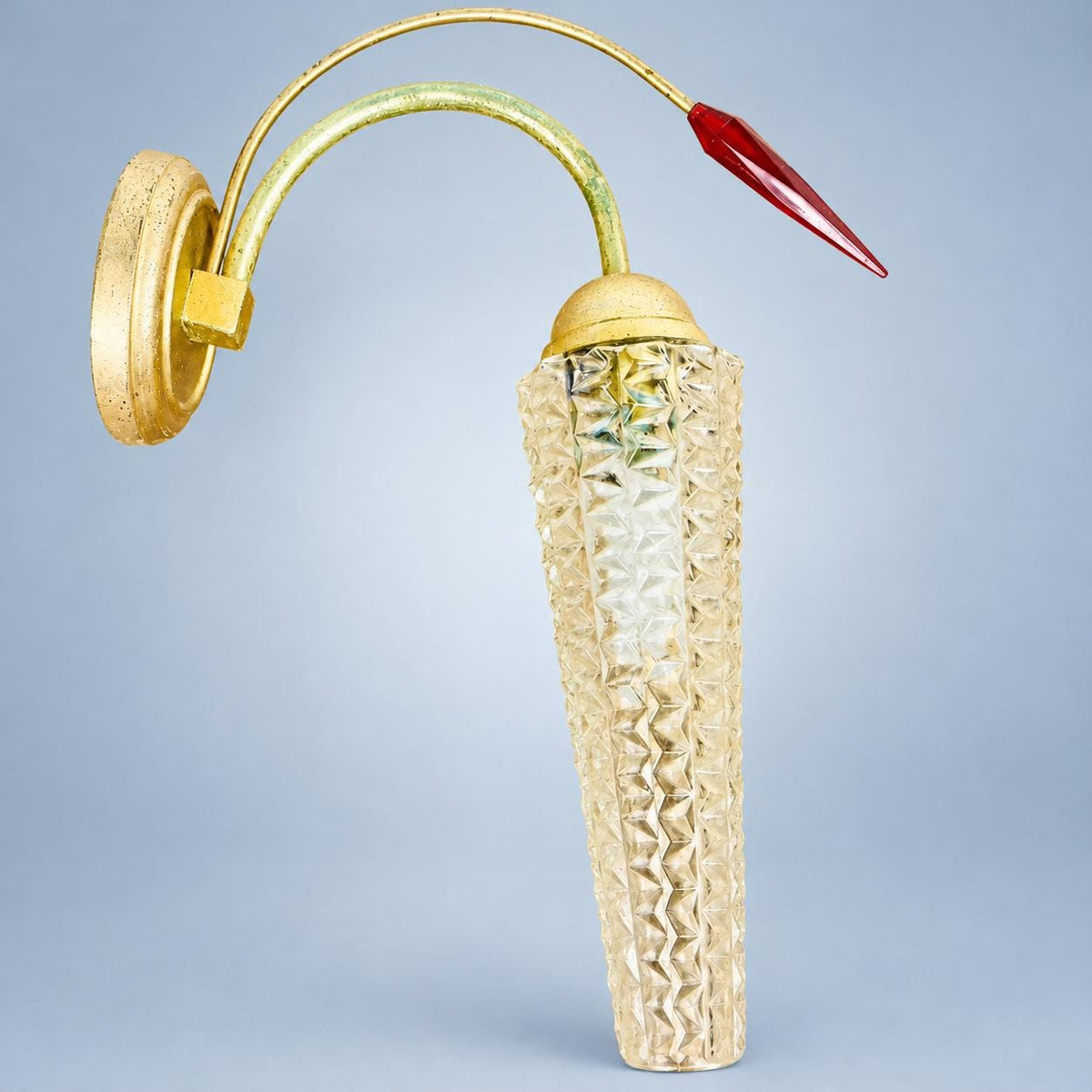 Vintage Gilt Metal Wall Sconce, Attributed 1970s–80s, Pressed Glass Tulip Shade with Red Faceted Drop, 32 cm