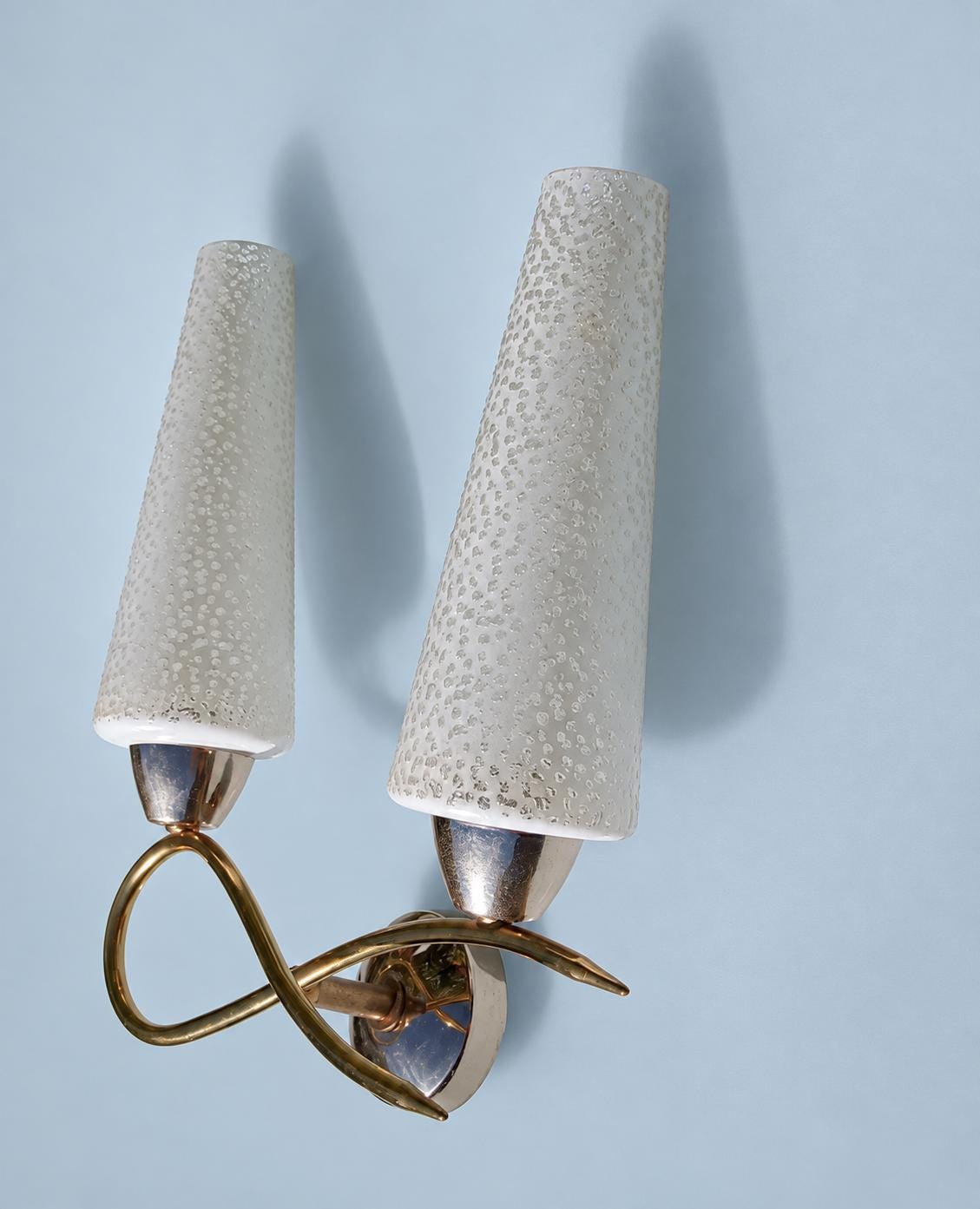 Vintage Double Wall Sconce, Attributed 1950s–60s, Looping Gilt Metal Arms with White Textured Glass Cone Shades, 32 cm