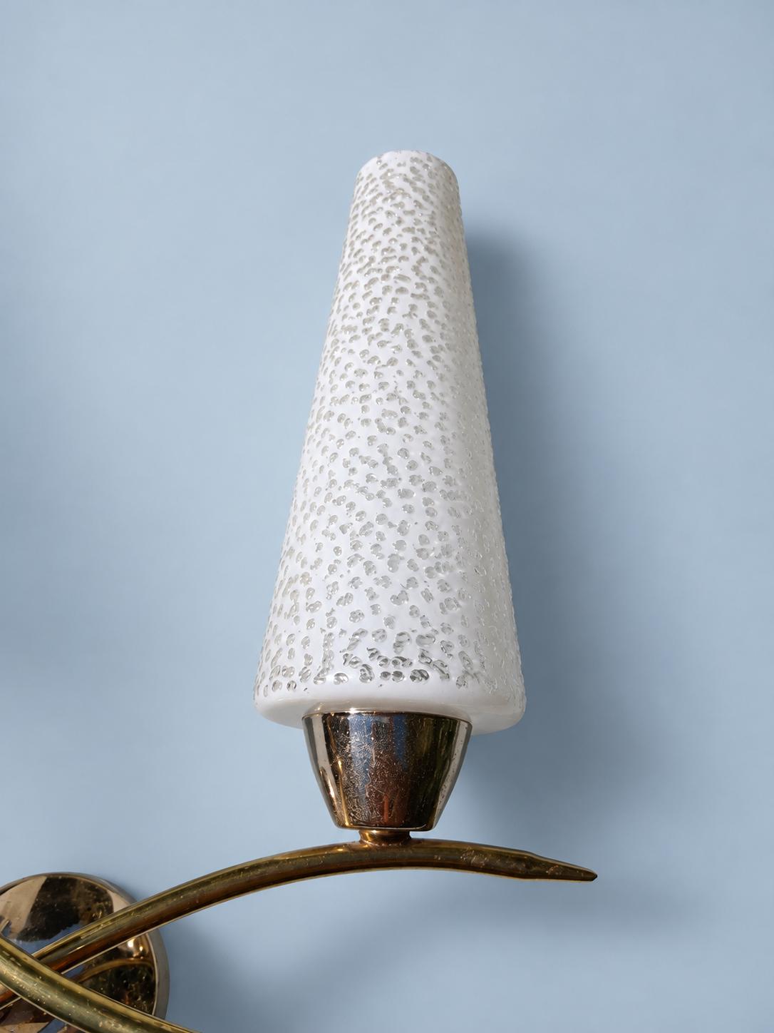 Vintage Double Wall Sconce, Attributed 1950s–60s, Looping Gilt Metal Arms with White Textured Glass Cone Shades, 32 cm