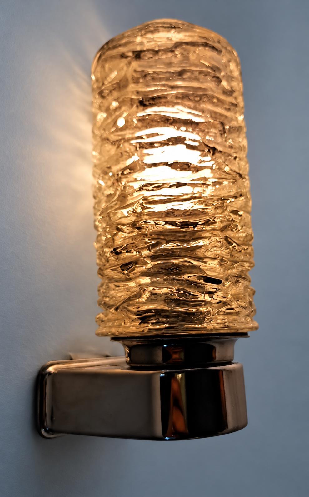 Vintage Pair of Ice Glass Wall Sconces, Attributed 1970s, Chrome-Finish Metal with Textured Clear Glass Shades, 20 cm