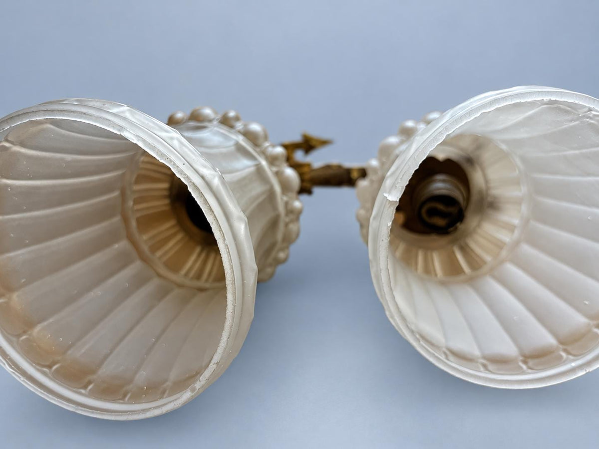 Vintage Pair of Louis XVI Style Brass Wall Sconces, Attributed 19th Century, Arrow and Swan-Neck Arms, Frosted Glass Tulips, 26 cm