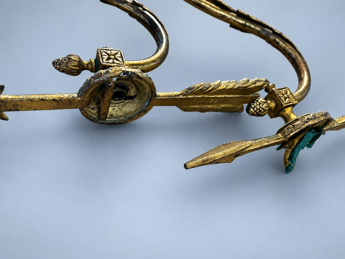 Vintage Pair of Louis XVI Style Brass Wall Sconces, Attributed 19th Century, Arrow and Swan-Neck Arms, Frosted Glass Tulips, 26 cm