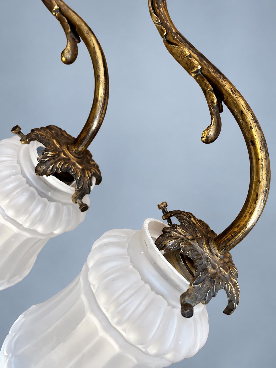 Vintage Pair of Louis XVI Style Brass Wall Sconces, Attributed 19th Century, Arrow and Swan-Neck Arms, Frosted Glass Tulips, 26 cm