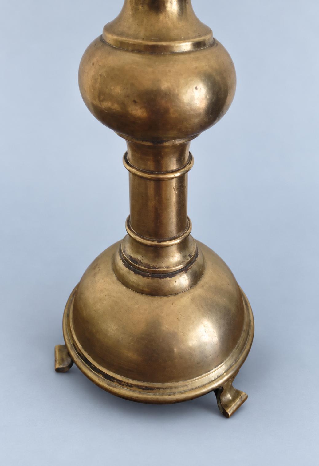 Vintage Brass Table Lamp Base, Baluster Candlestick Form with Ball Knop and Tripod Feet, Sold Without Shade, 43 cm