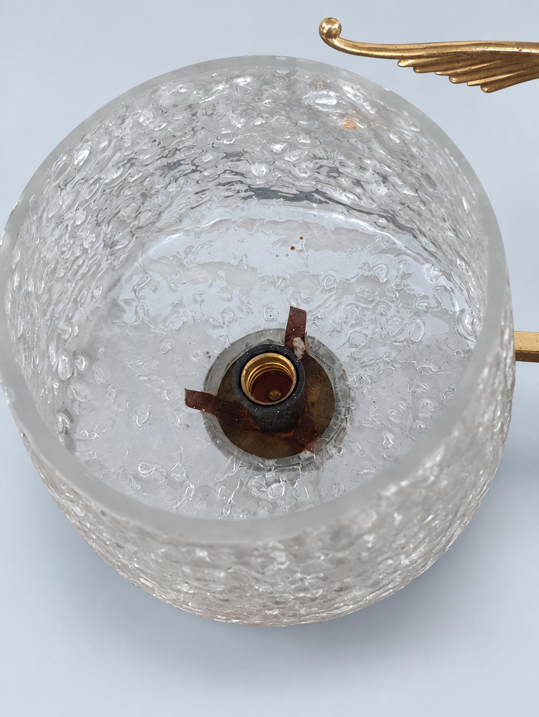 Vintage Pair of Brass Wall Sconces, Attributed 1960s–70s, Leaf Arms with Textured Bubble Glass Shades, 37 cm