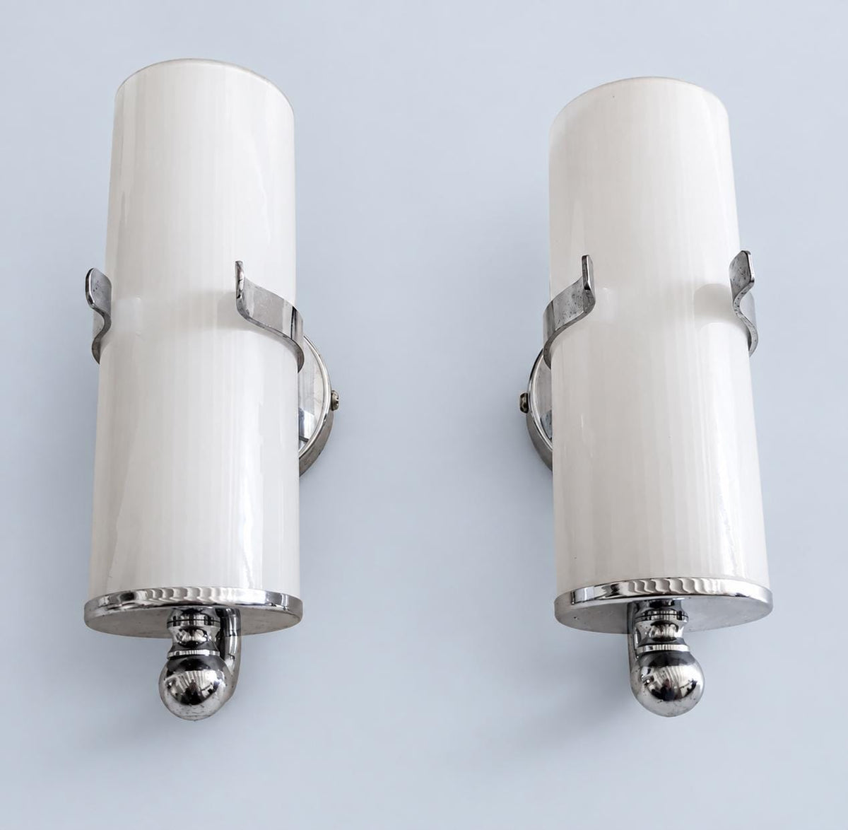 Vintage Pair of Chrome Wall Sconces, Attributed 1970s, White Glass Cylinder Shades with Ball Finials, 21 cm