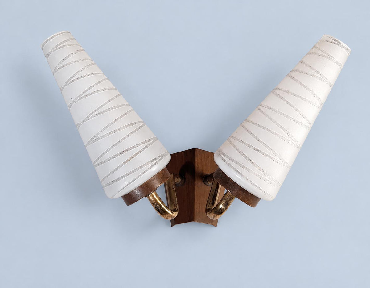 Vintage Double Wall Sconce, Attributed 1950s, White Glass Cone Shades with Line Pattern, Gilt Metal Arms on Wood-Tone Plate