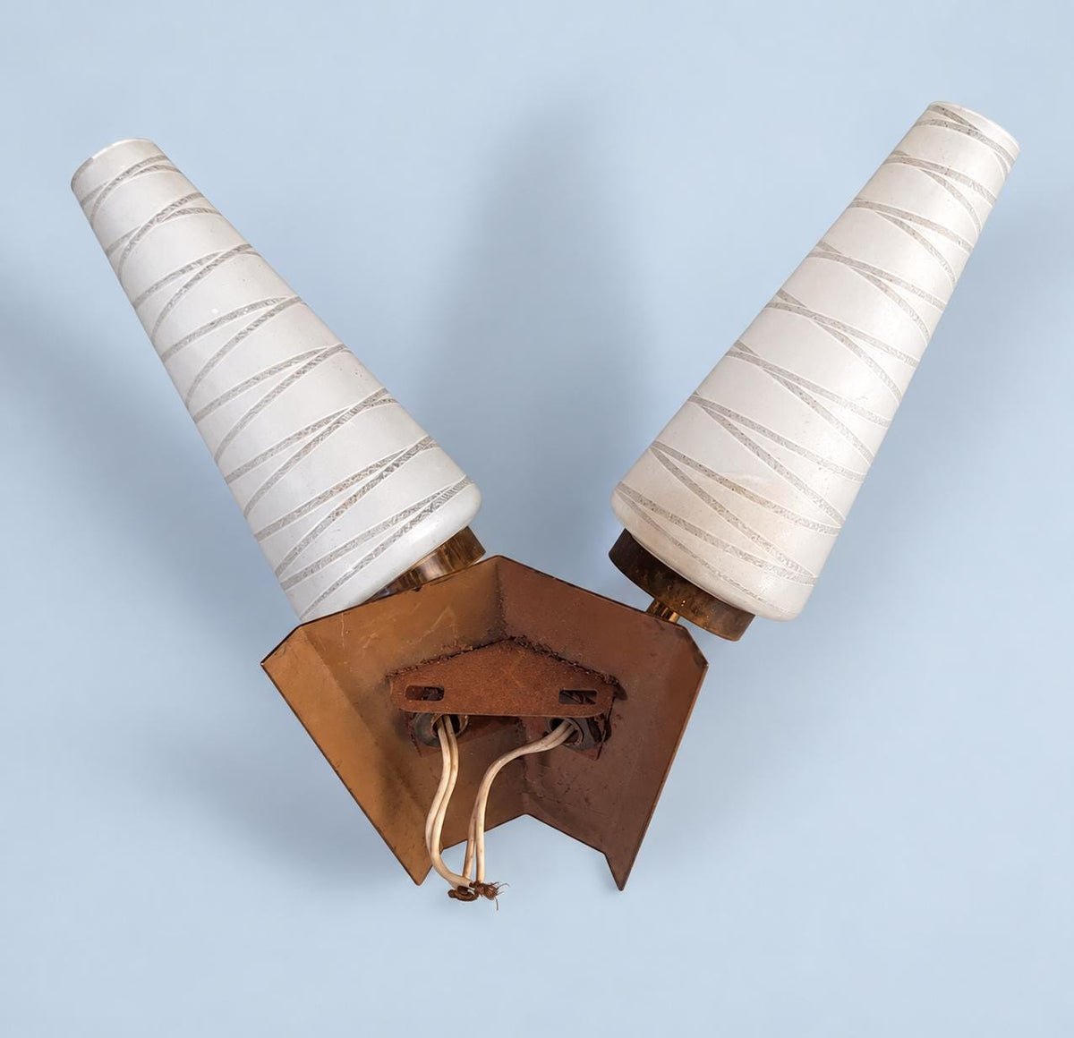 Vintage Double Wall Sconce, Attributed 1950s, White Glass Cone Shades with Line Pattern, Gilt Metal Arms on Wood-Tone Plate