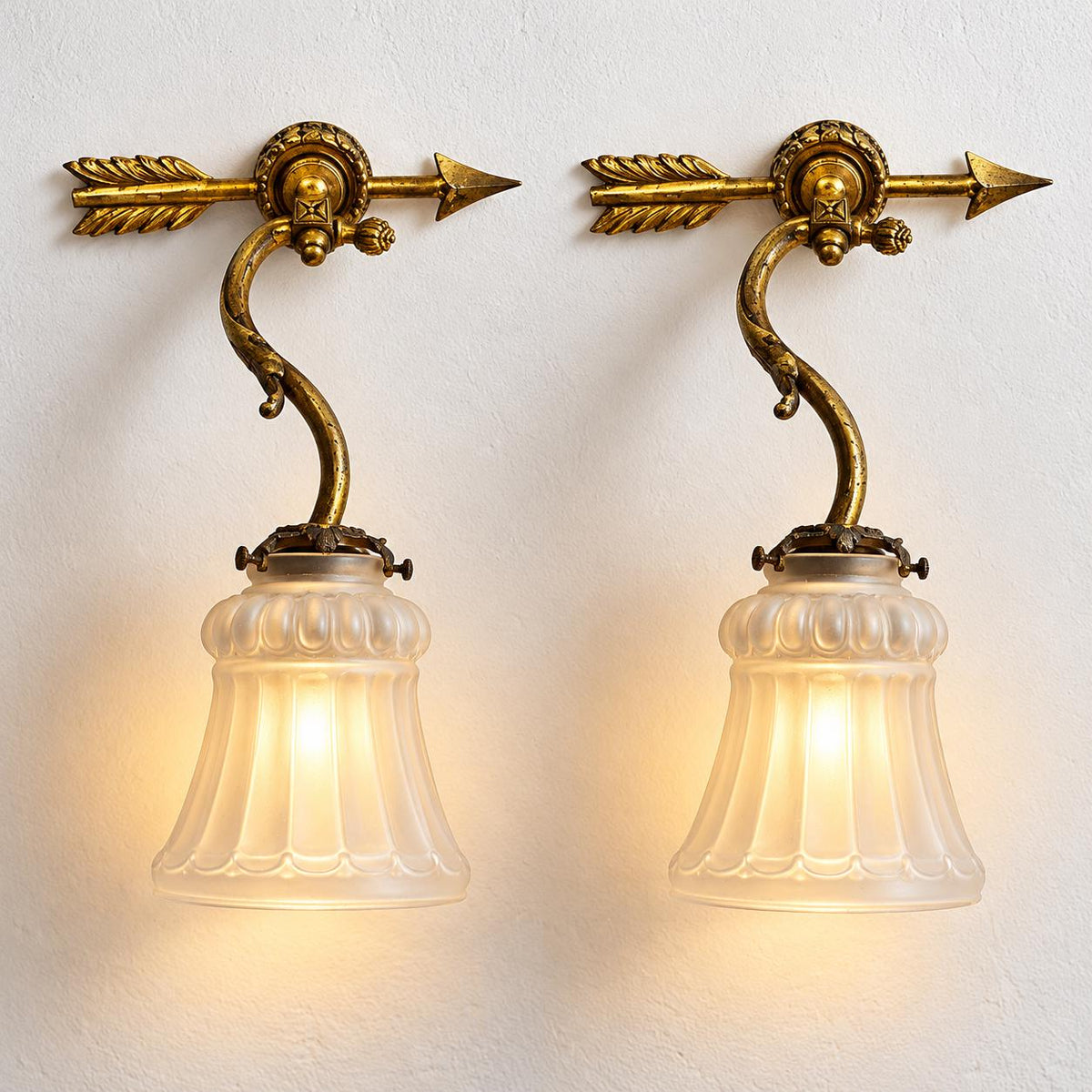 Vintage Pair of Louis XVI Style Brass Wall Sconces, Attributed 19th Century, Arrow and Swan-Neck Arms, Frosted Glass Tulips, 26 cm