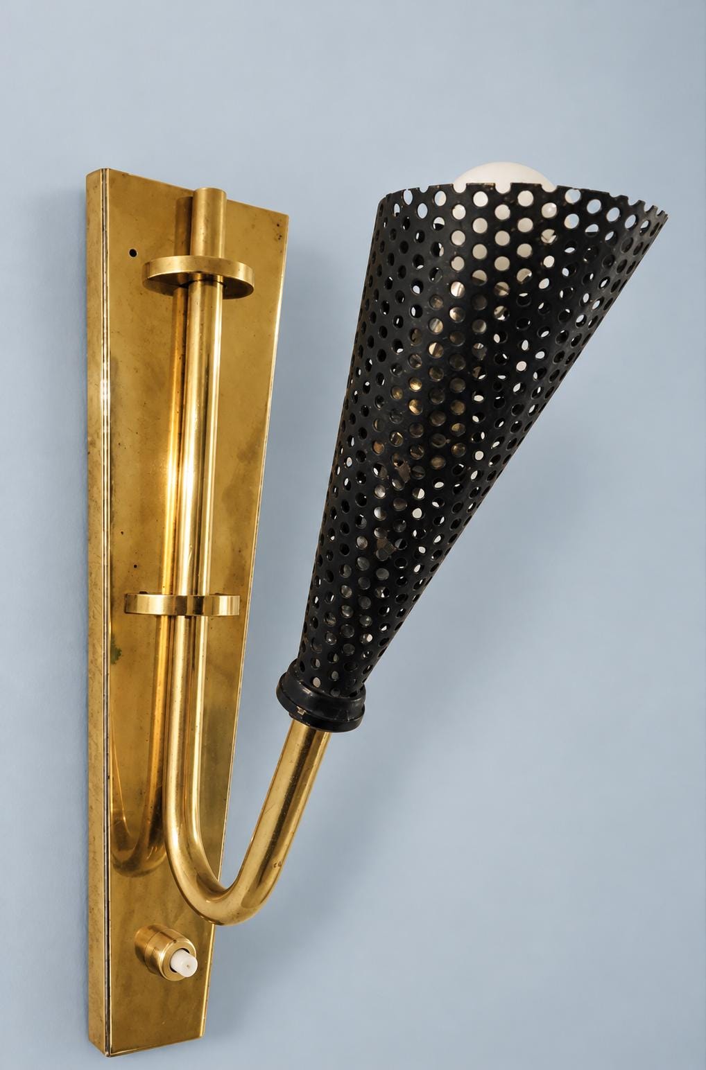 Vintage Wall Sconce with Black Perforated Metal Cone, Attributed 1950s, Gilt Metal Bracket, 25 cm