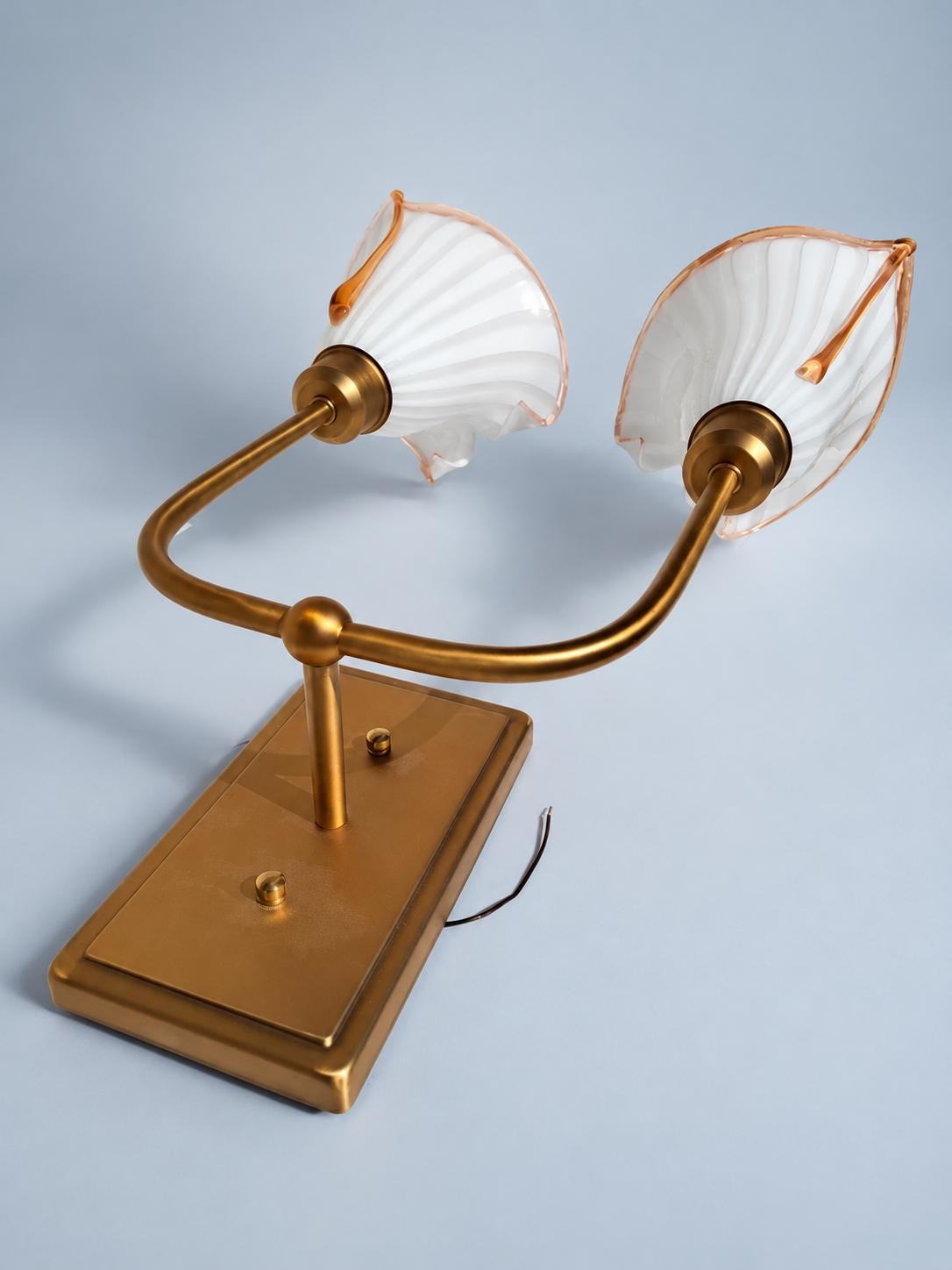 Double Wall Sconce with Calla Lily Glass Shades, White Striped Glass with Pink Rims, Gilt Metal Arms, 52 cm