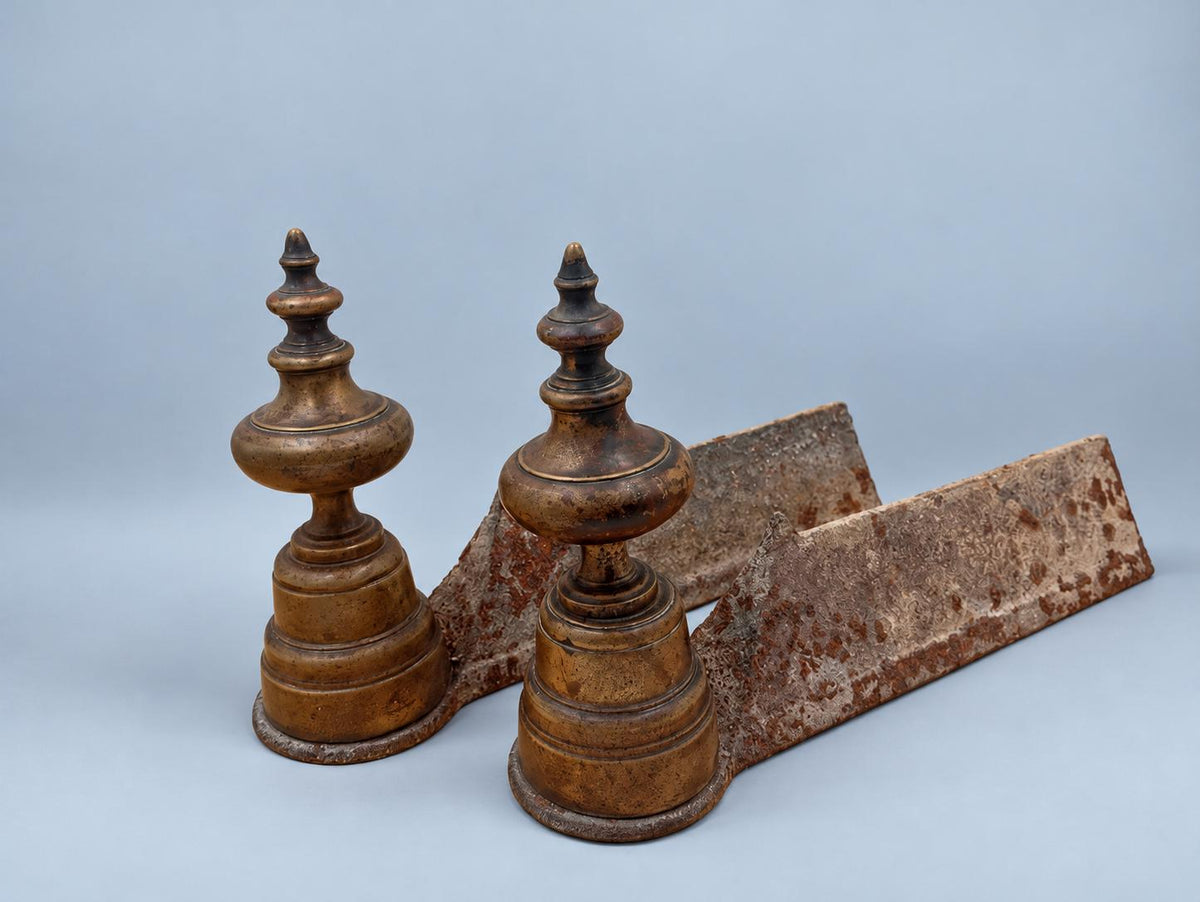 Vintage Pair of Fireplace Andirons, Louis XIV Style, Turned Brass-Tone Finials on Iron Log Supports, 20 cm