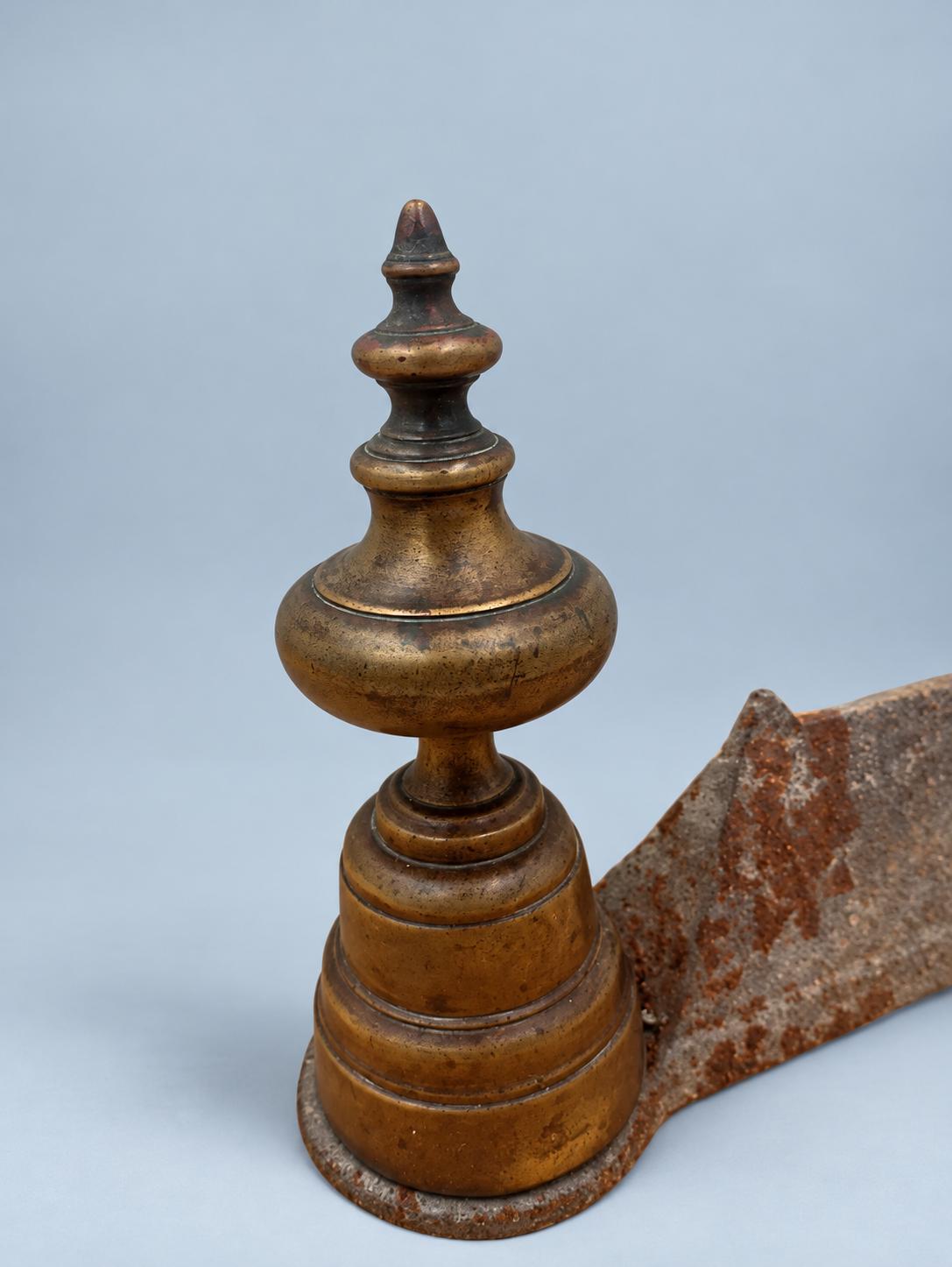 Vintage Pair of Fireplace Andirons, Louis XIV Style, Turned Brass-Tone Finials on Iron Log Supports, 20 cm