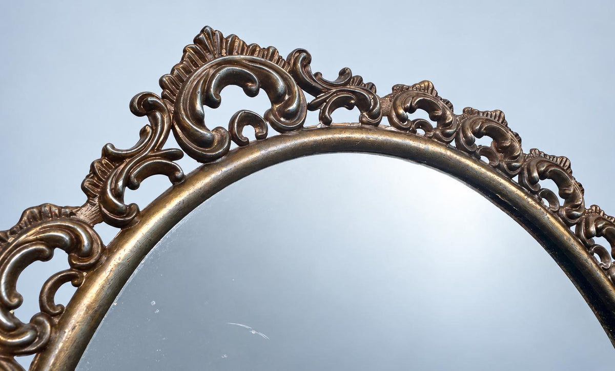 Baroque Style Tilting Vanity Mirror, Oval Glass in Pierced Scrolling Patinated Metal Frame on Pedestal Base, 46 cm