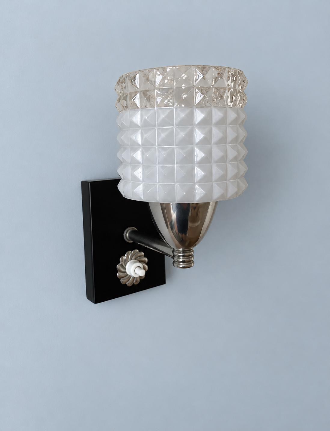 Vintage Chrome and Black Wall Sconce with Pyramid Glass Shade and Rosette Push Switch