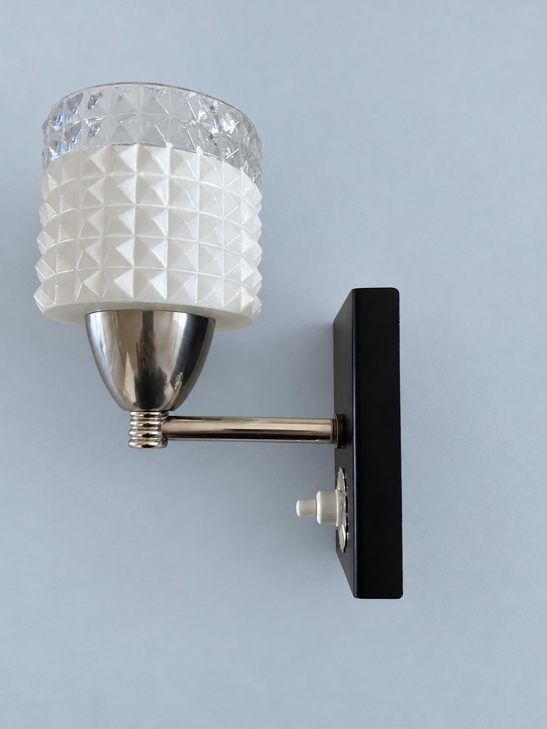 Vintage Chrome and Black Wall Sconce with Pyramid Glass Shade and Rosette Push Switch