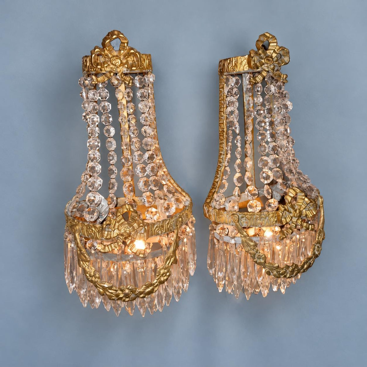 Vintage Pair of Hollywood Regency Beaded Wall Sconces, Empire Style Tent and Bag Design, Brass Frames with Faceted Glass Drops, 42 cm