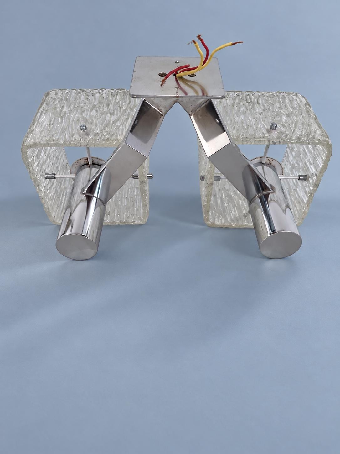Vintage Double Wall Sconce, Attributed 1970s, Cube Ice Glass Shades on Chrome-Finish Arms, 35 cm