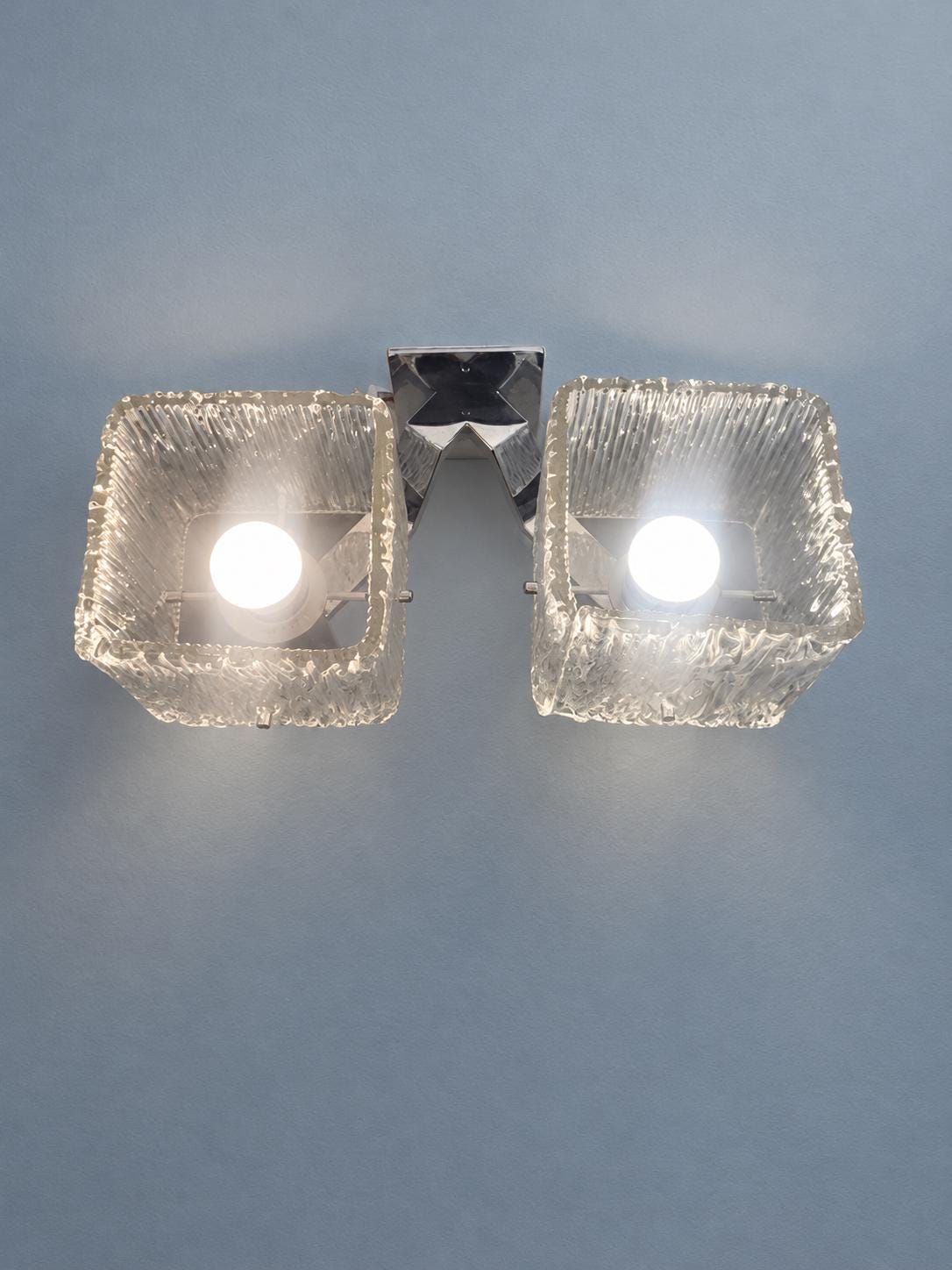 Vintage Double Wall Sconce, Attributed 1970s, Cube Ice Glass Shades on Chrome-Finish Arms, 35 cm