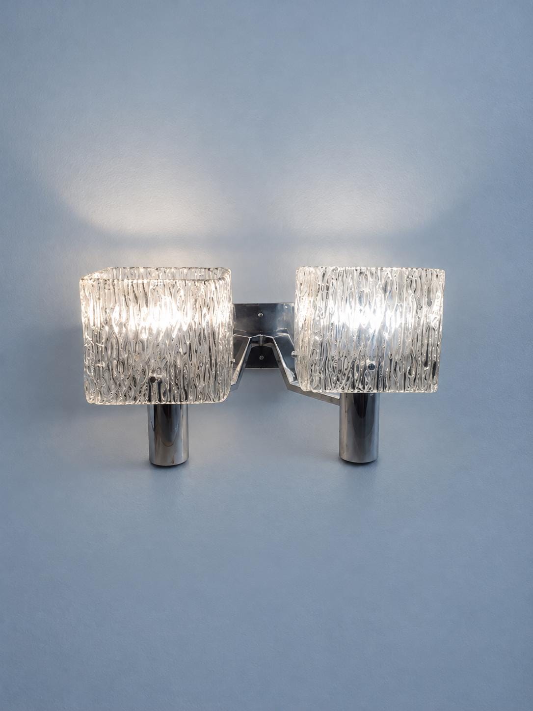 Vintage Double Wall Sconce, Attributed 1970s, Cube Ice Glass Shades on Chrome-Finish Arms, 35 cm