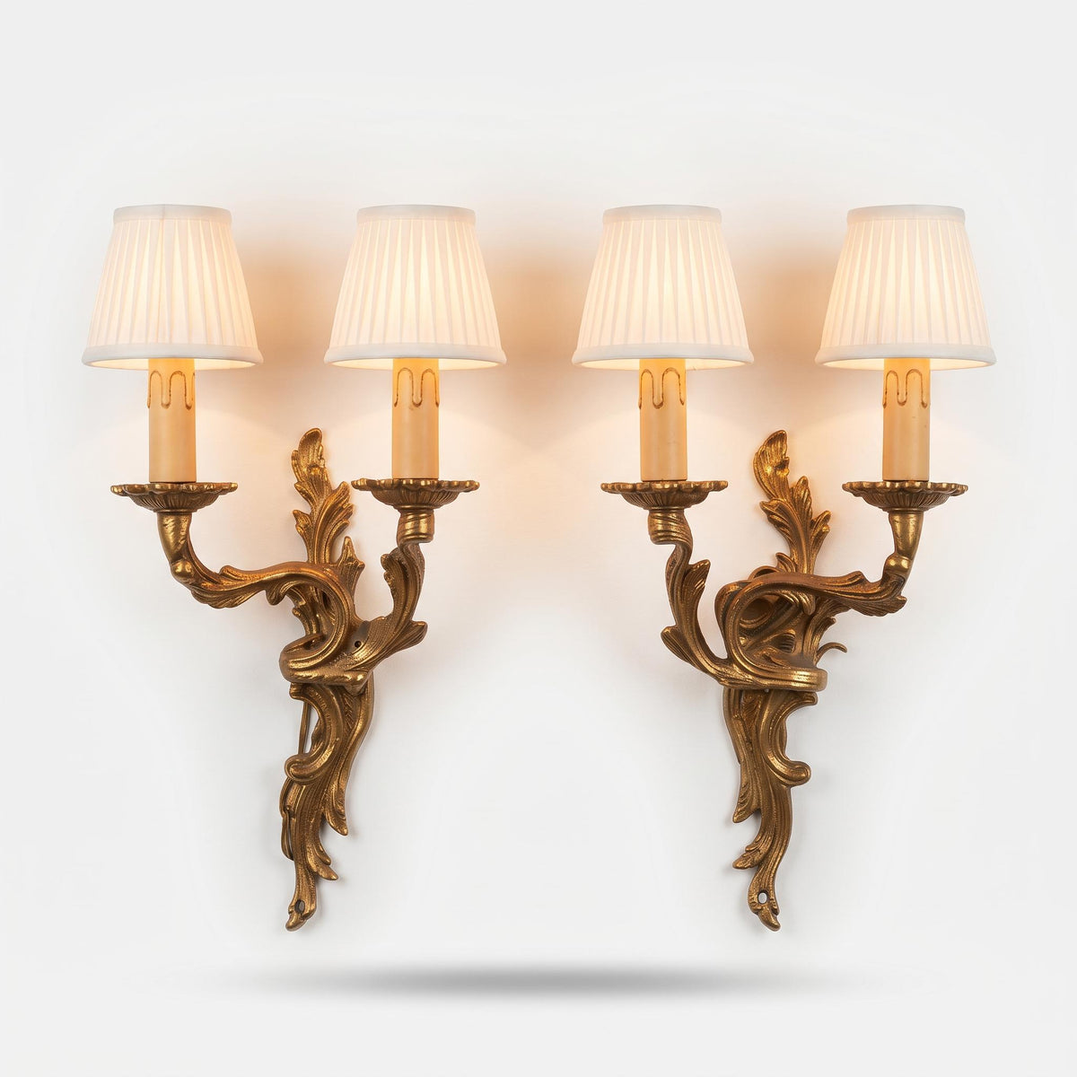 Vintage Mirror-Image Wall Sconce Pair, Gold-Tone Interlaced Leaf Scrolls, Shell Dishes and Cream Candle Covers, 30 cm
