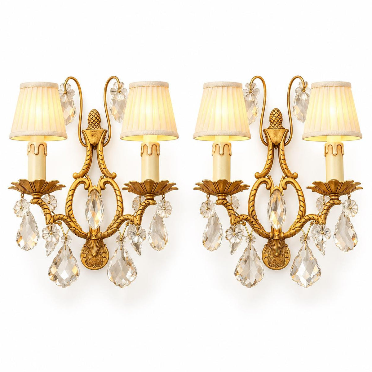 Vintage Pair of Two-Light Wall Sconces, Gilt Brass with Faceted Glass Drops and Glass Rosettes, Petal Drip Pans and Pine Cone Finial, 27 cm