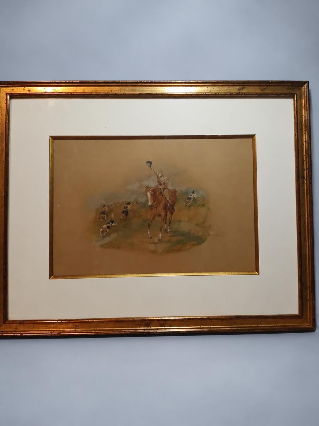 Vintage Framed English Sporting Picture, Hunting Scene with Rider Raising His Cap and Hounds, Gilt Frame, 40 × 50 cm