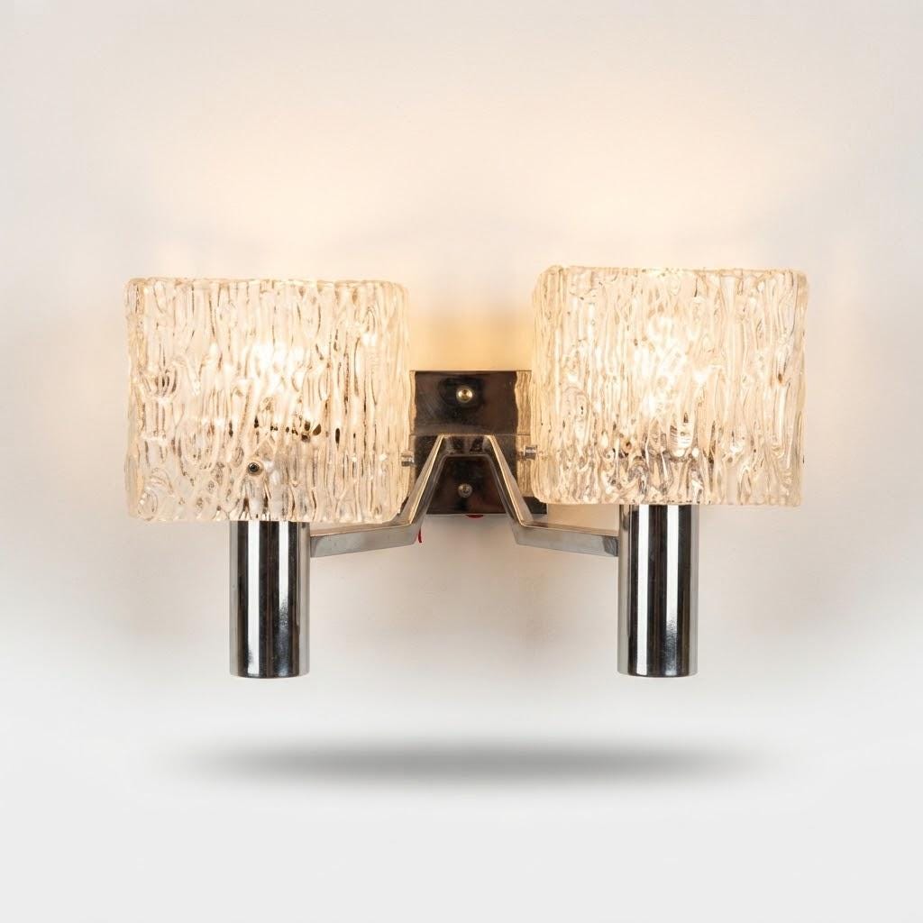 Vintage Double Wall Sconce, Attributed 1970s, Cube Ice Glass Shades on Chrome-Finish Arms, 35 cm