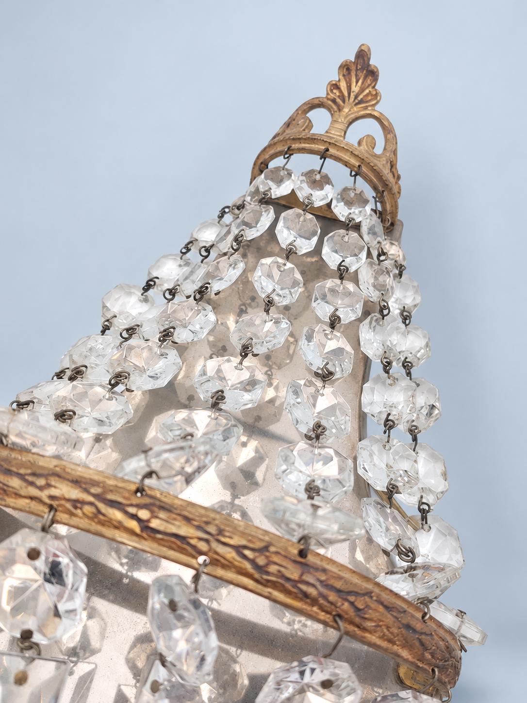 Vintage Pair of Empire Style Beaded Wall Sconces, Gilt Metal Palmette Crest with Faceted Glass Drops, 35 cm