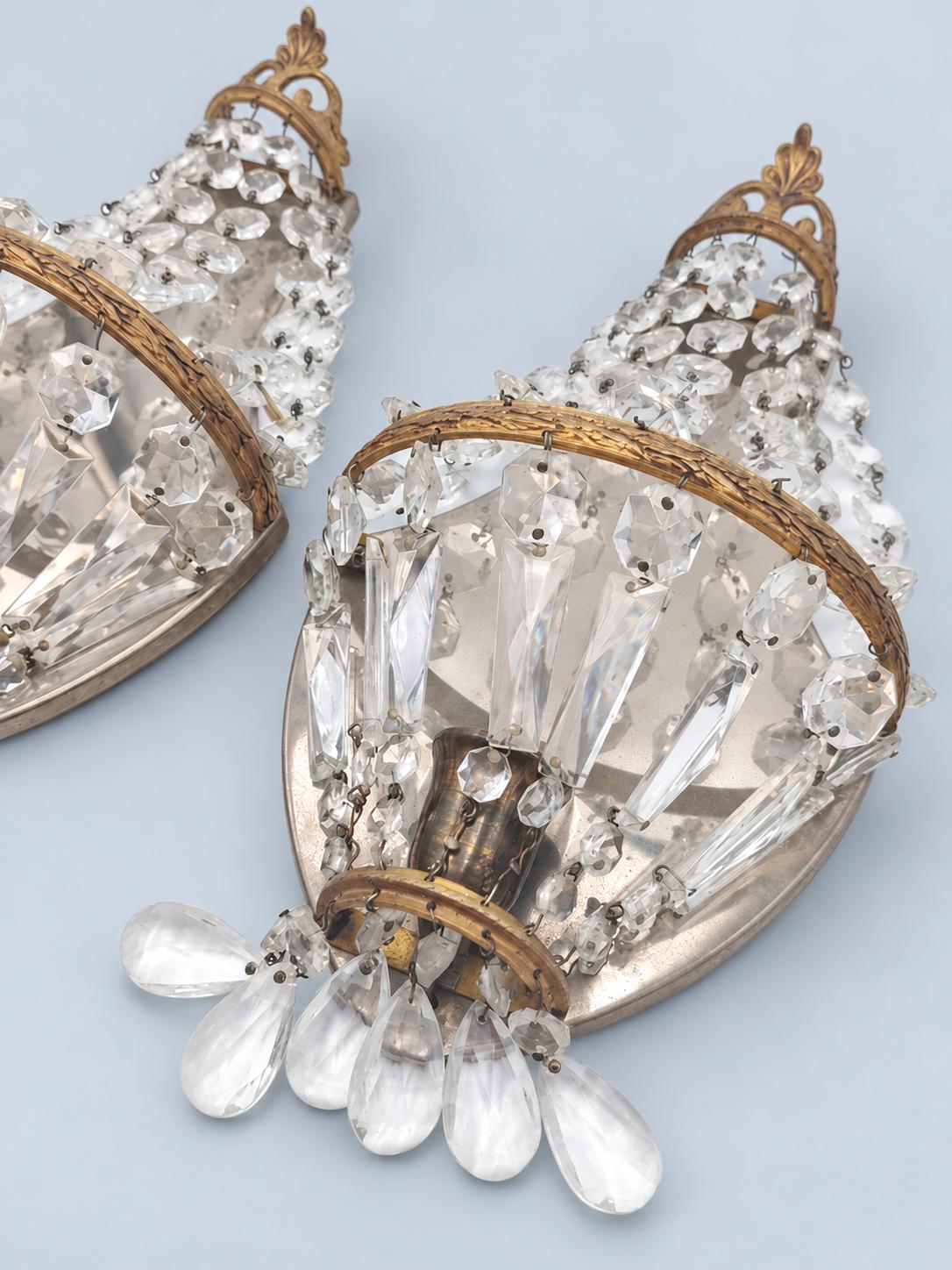 Vintage Pair of Empire Style Beaded Wall Sconces, Gilt Metal Palmette Crest with Faceted Glass Drops, 35 cm