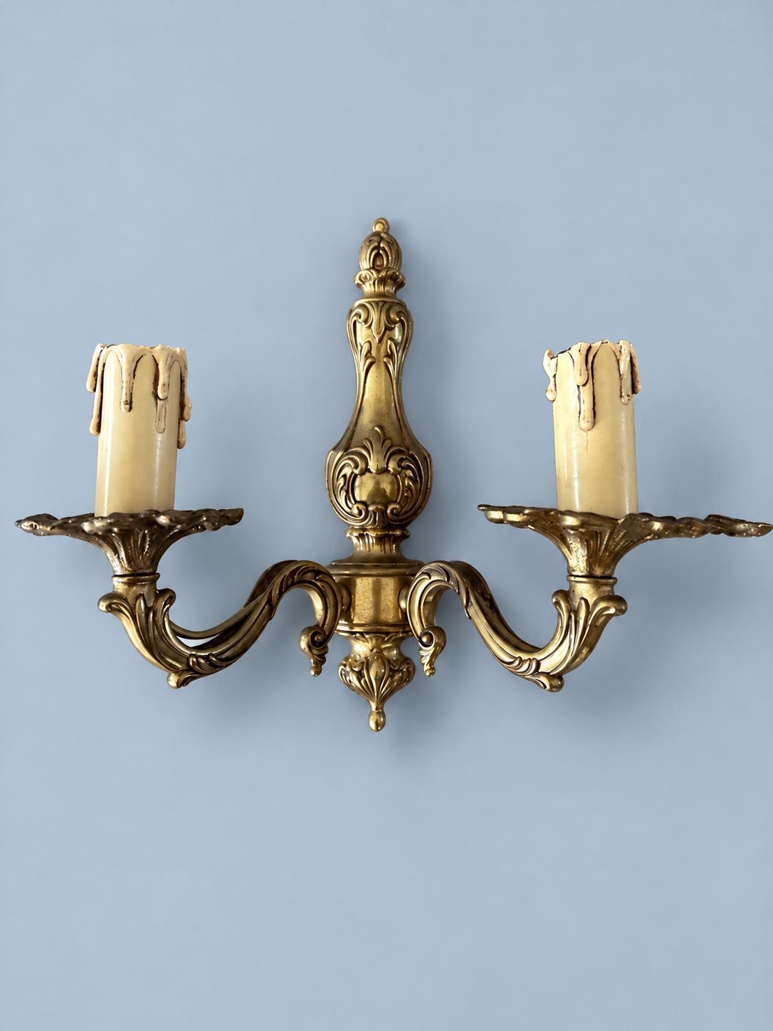Pair of Vintage Louis XV Style Gilt Metal Wall Sconces, Two Scroll Arms, Leaf Cups and Candle Sleeves