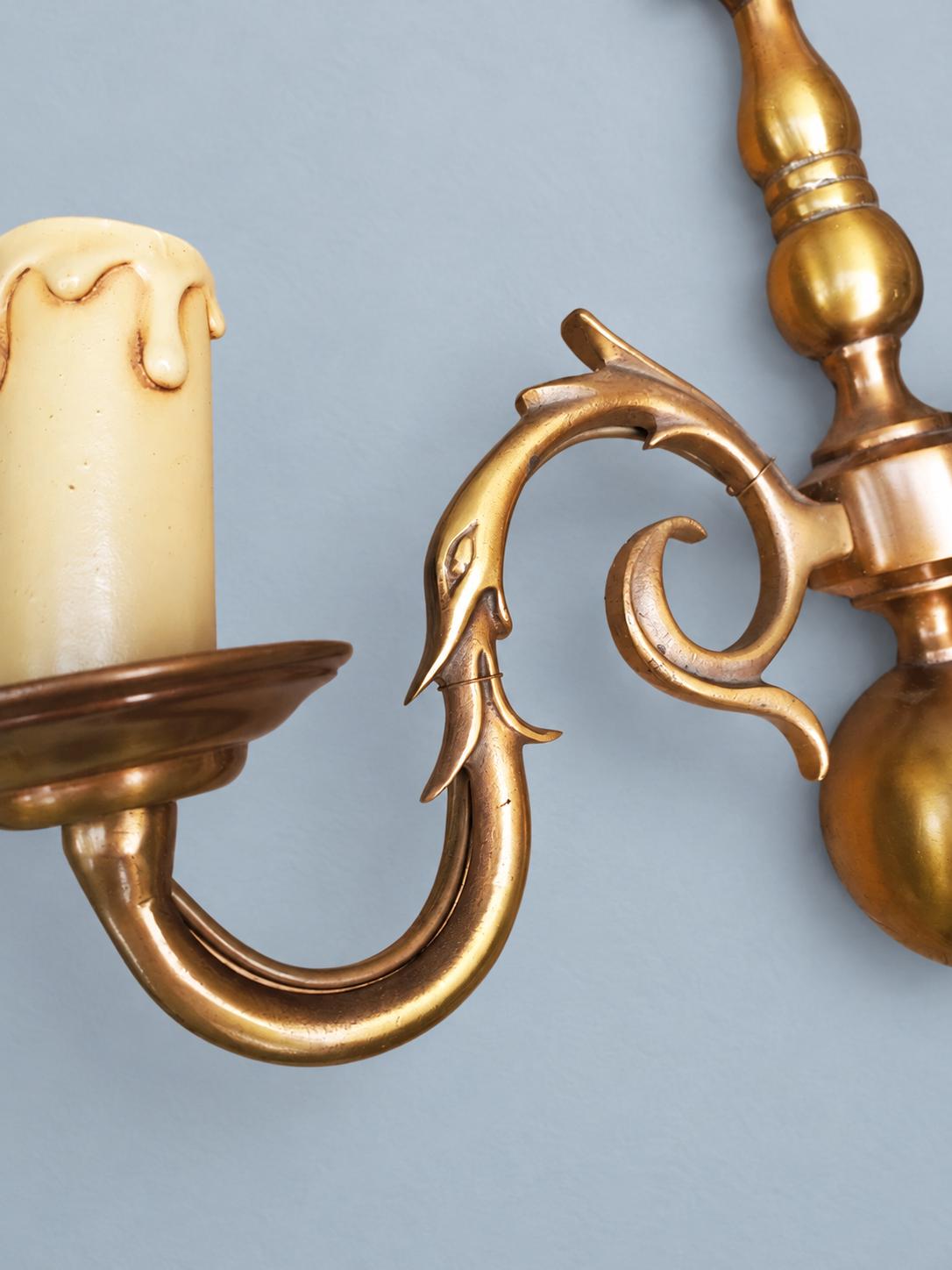 Vintage Pair of Dutch Style Wall Sconces, Gilt Metal Ball Body with Dragon-Head Scroll Arms, Two Candle Lights Each