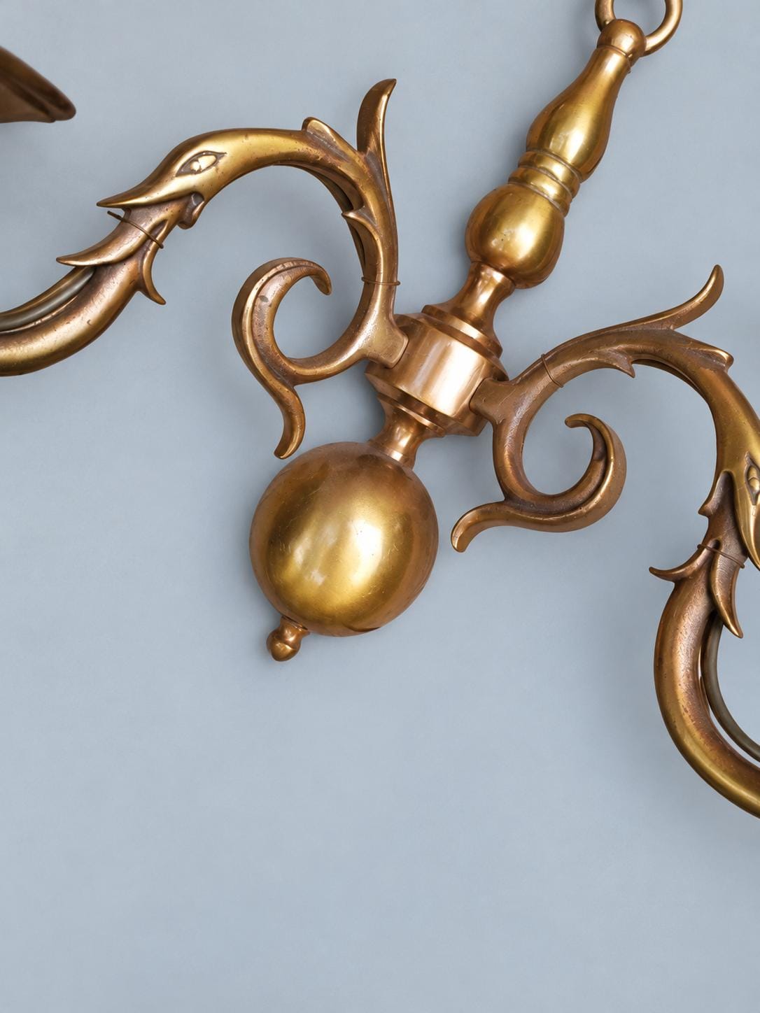 Vintage Pair of Dutch Style Wall Sconces, Gilt Metal Ball Body with Dragon-Head Scroll Arms, Two Candle Lights Each