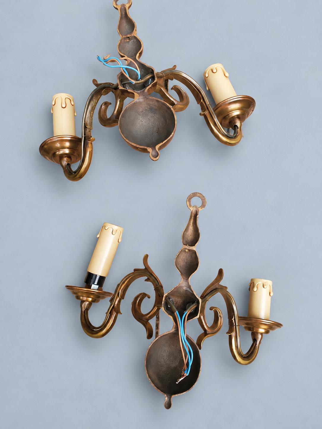Vintage Pair of Dutch Style Wall Sconces, Gilt Metal Ball Body with Dragon-Head Scroll Arms, Two Candle Lights Each