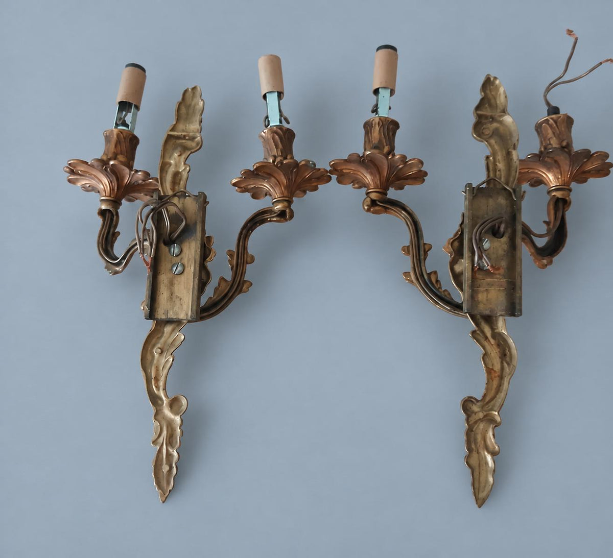 Vintage Pair of Louis XV Rocaille Style Brass Wall Sconces, Mirror-Image Scrolled Arms with Shell Bobèches, Two Lights Each, 37 cm