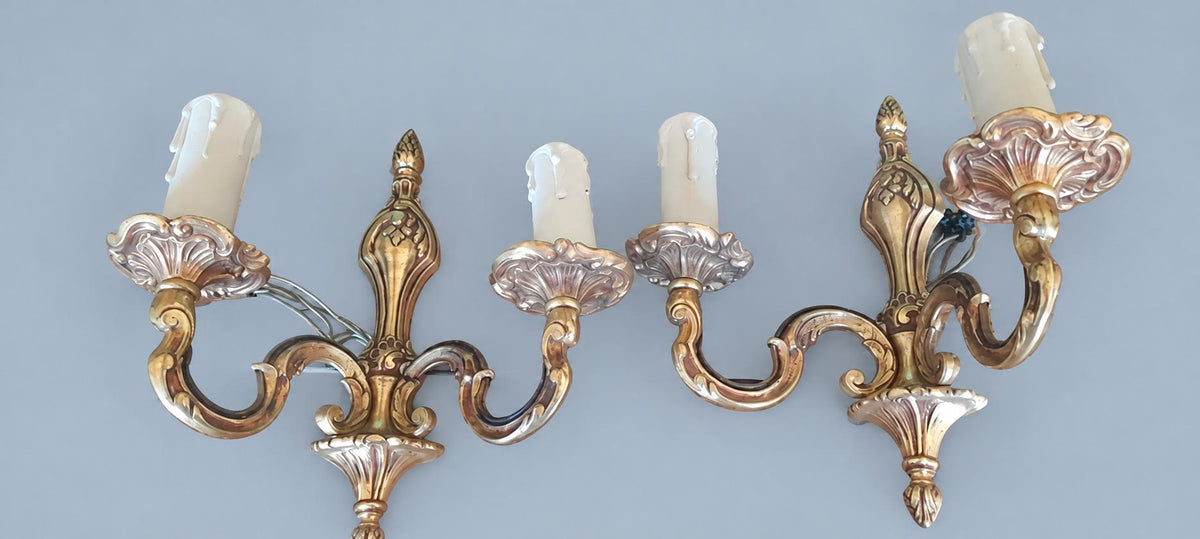 Vintage Pair of Louis XV Rocaille Style Gilt Metal Wall Sconces, Scrolls and Foliage, Two Candle Lights Each, 26 cm