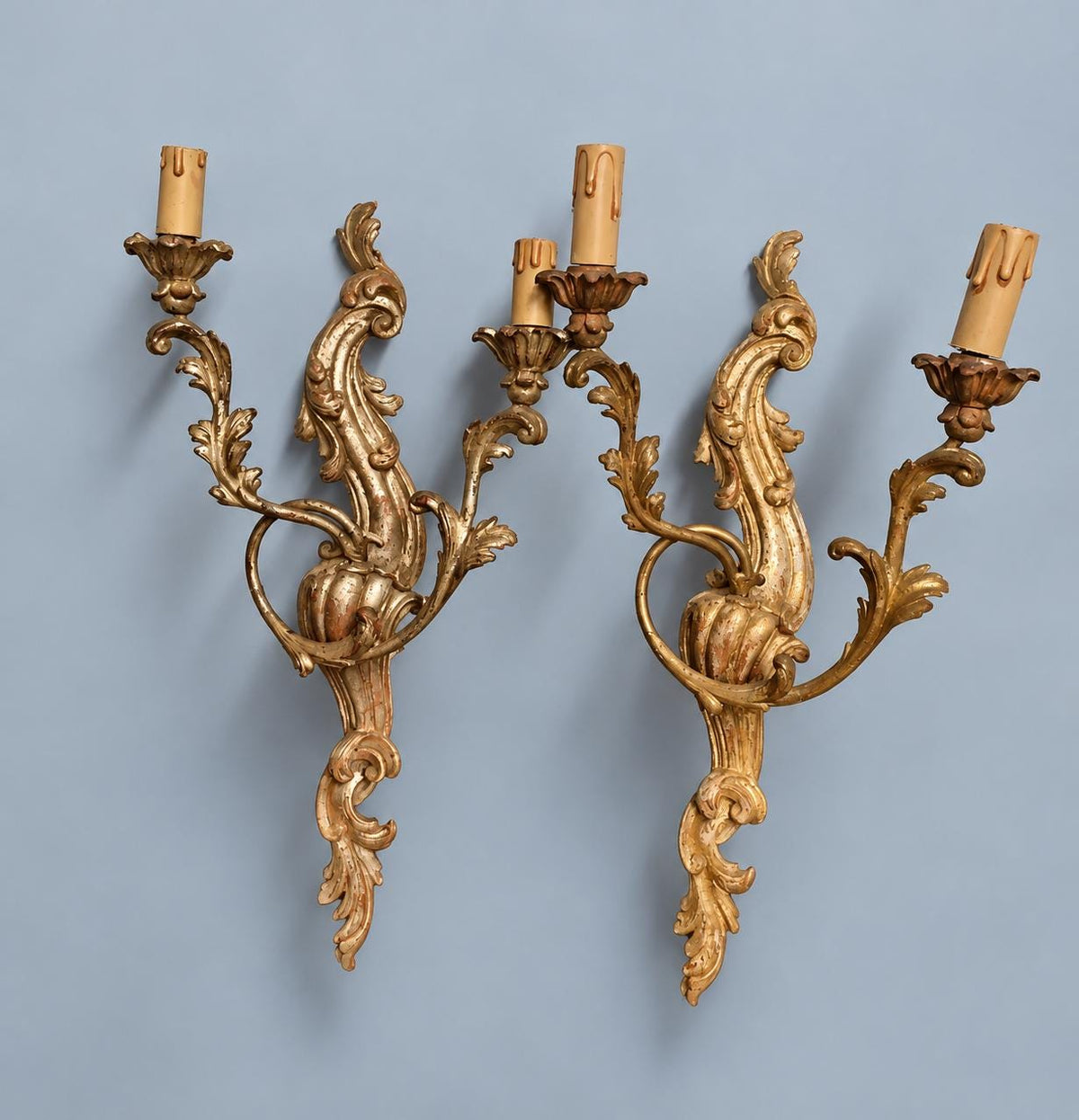 Vintage Pair of Louis XV Rocaille Style Carved Giltwood Wall Sconces, Two Candle Lights Each, 48 cm