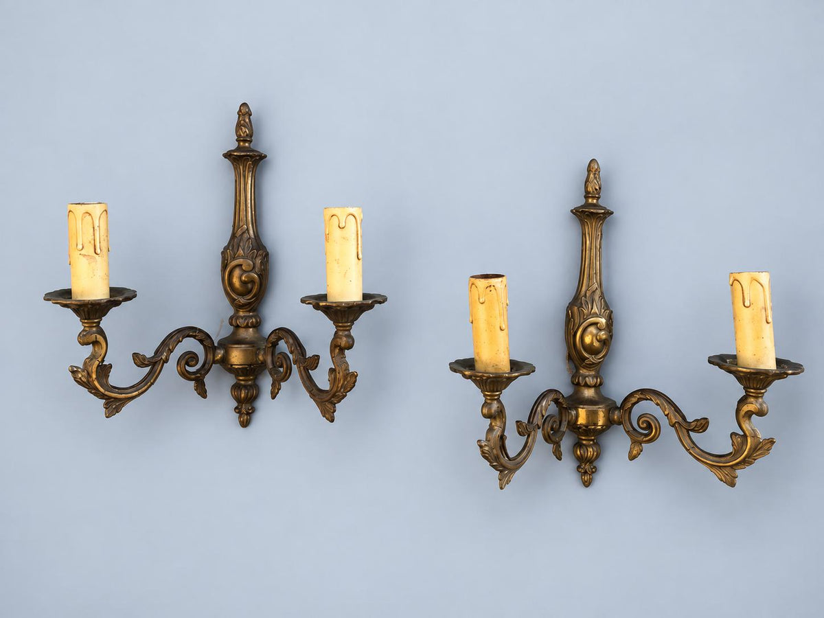 Vintage Pair of Louis XV Style Wall Sconces, Patinated Metal Baluster Body with Flame Finial, Two Candle Lights Each, 31 cm