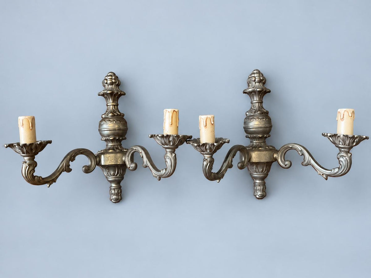Vintage Pair of Baroque Style Wall Sconces, Dark Patinated Metal with Fruit Finial and Polished Waist Band, Two Candle Lights Each, 29 cm
