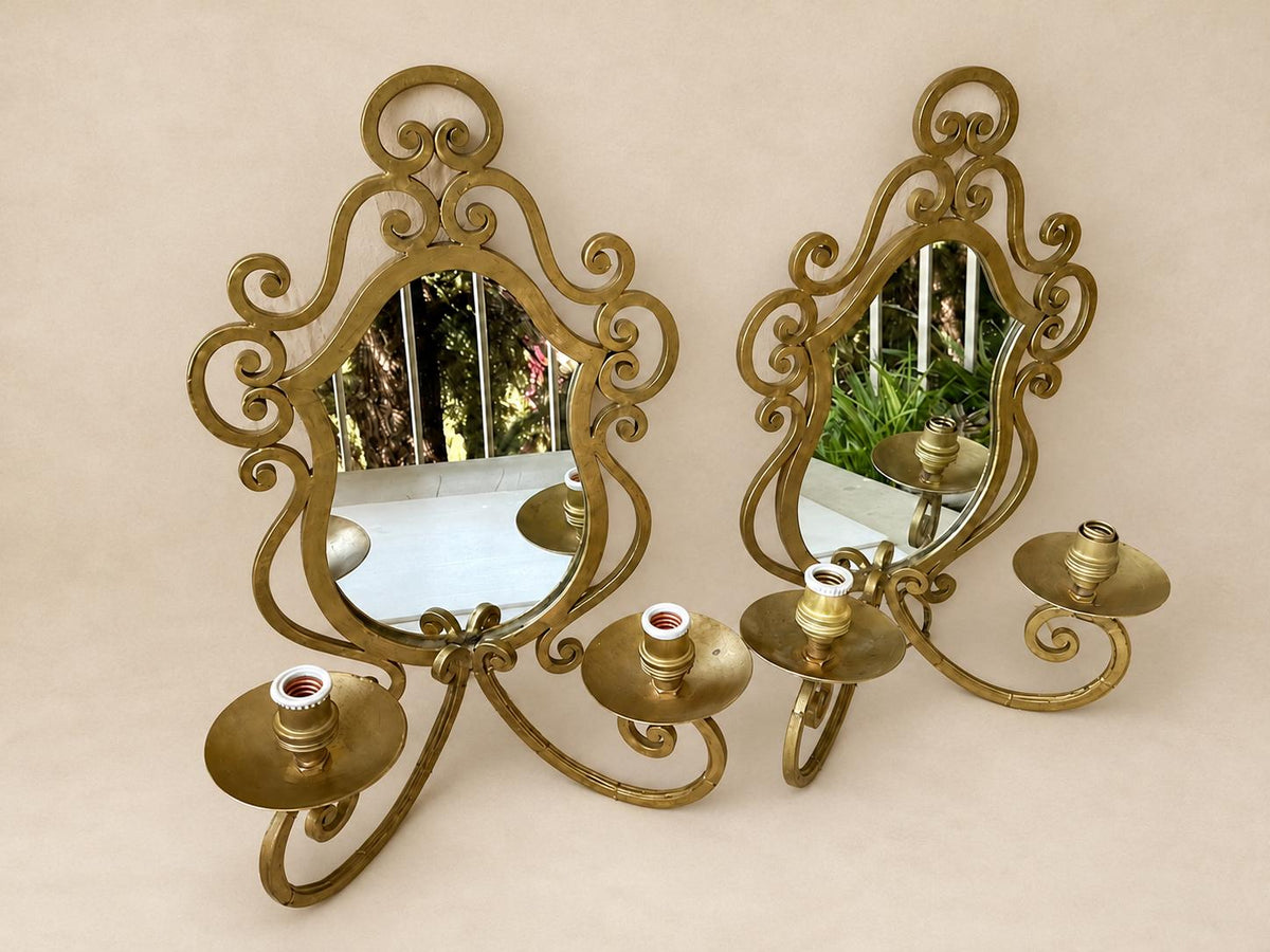 Pair of Gilt Metal Two-Arm Mirror Wall Sconces, Scrolled Arabesque Frame, Vintage