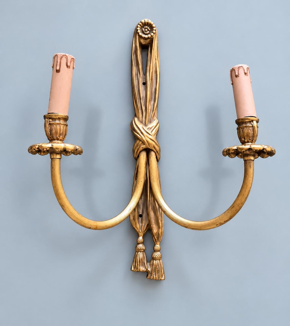Vintage Louis XVI Style Wall Sconce with Knotted Drapery and Tassels, Gilt Metal, Two Candle Lights, 45 cm