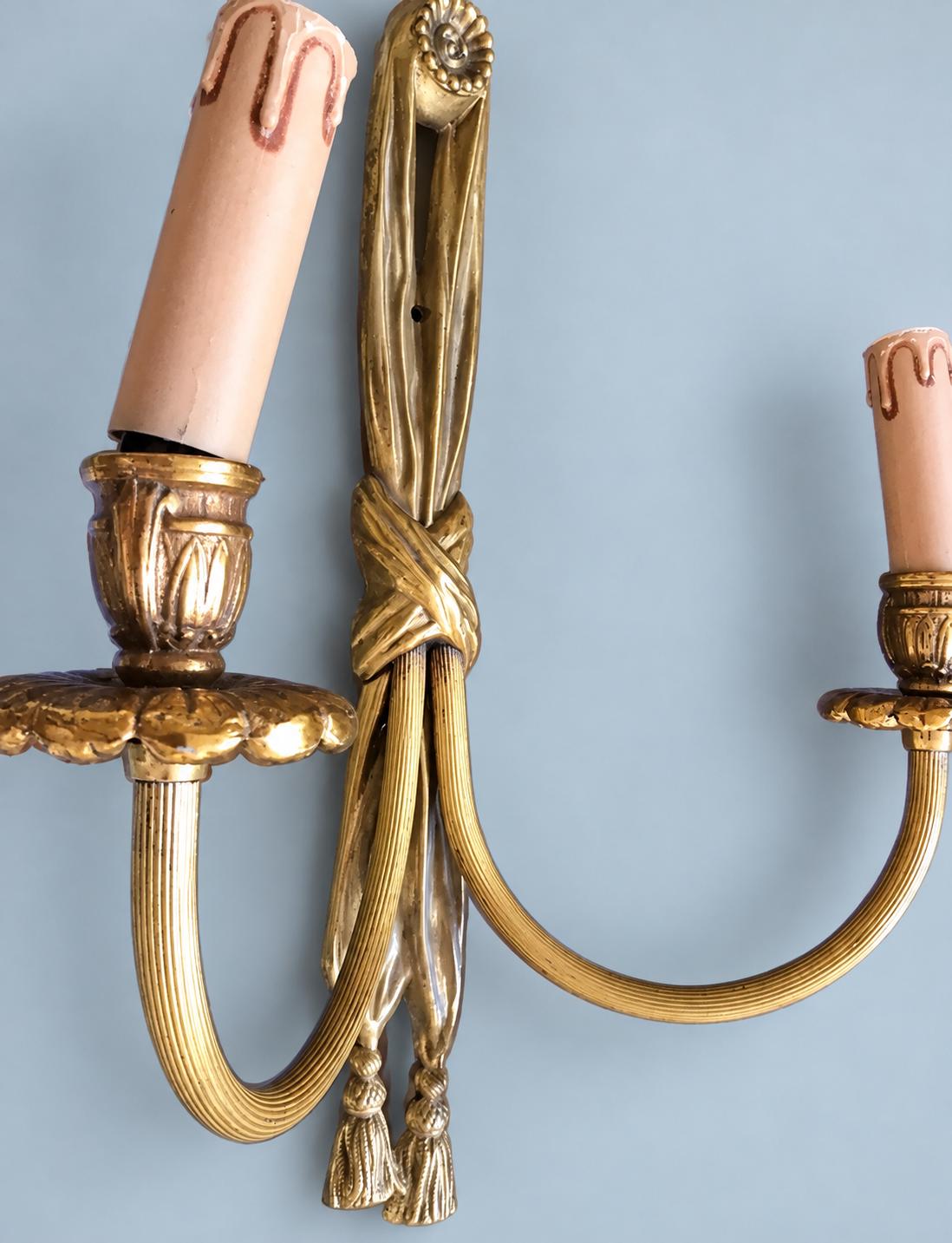 Vintage Louis XVI Style Wall Sconce with Knotted Drapery and Tassels, Gilt Metal, Two Candle Lights, 45 cm