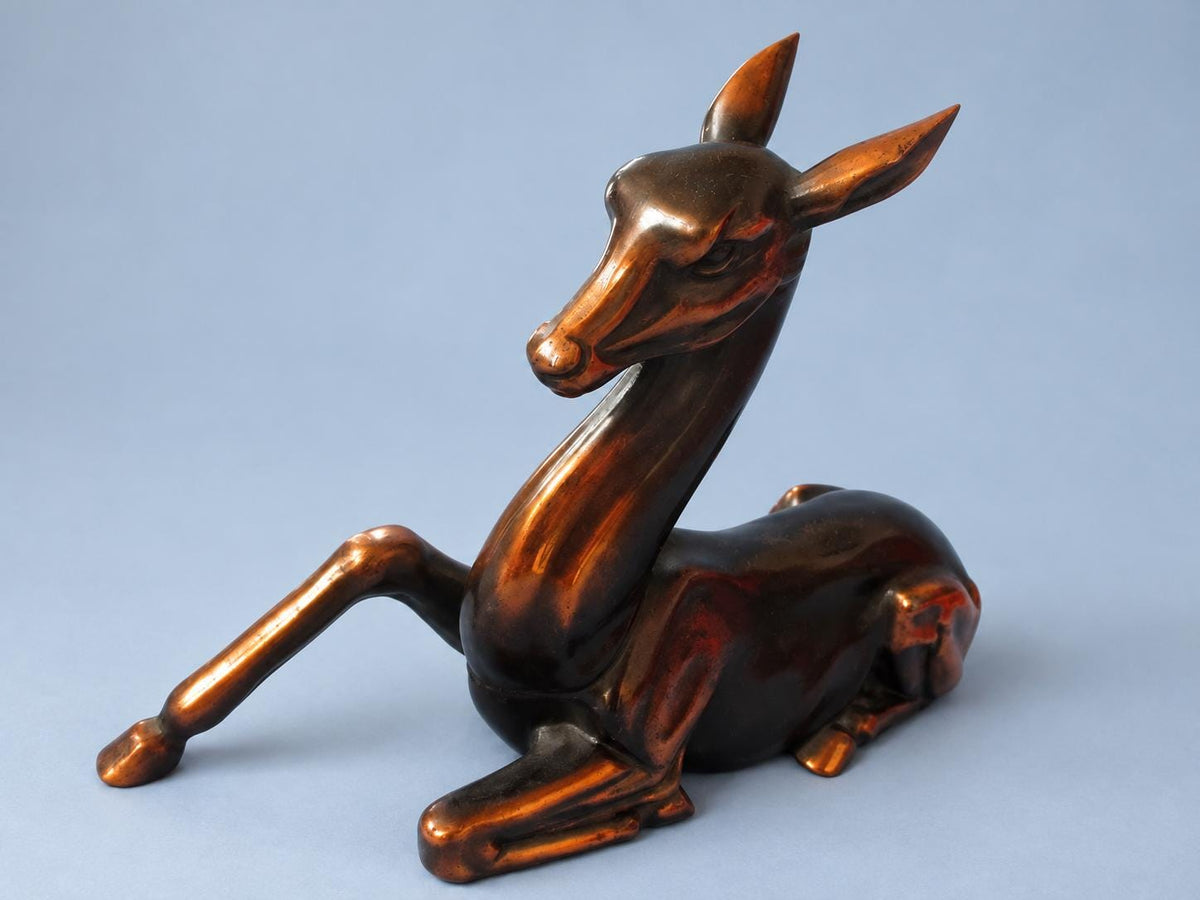 Vintage Art Deco Style Reclining Doe Statuette, Copper-Tone Metal, Stylized Deer Figure, 22 cm