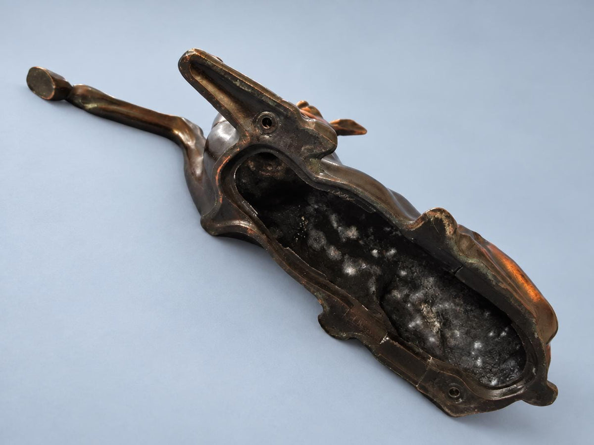 Vintage Art Deco Style Reclining Doe Statuette, Copper-Tone Metal, Stylized Deer Figure, 22 cm