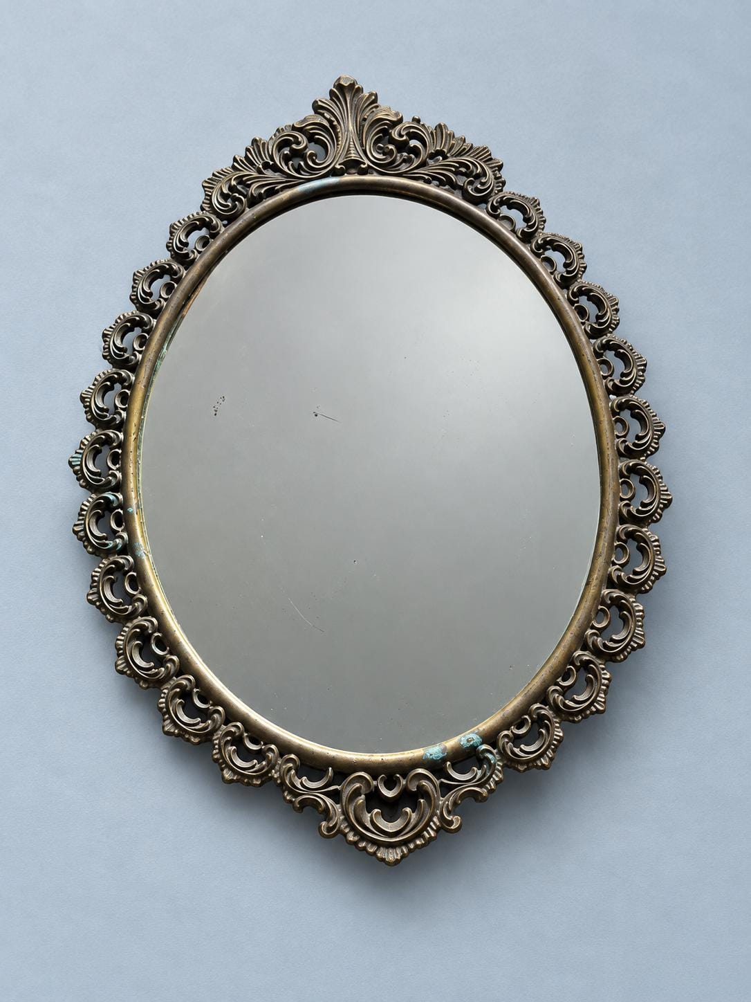 Vintage Oval Wall Mirror with Openwork Scrolled Brass-Tone Frame, Baroque Hollywood Regency Style, 40 × 29 cm