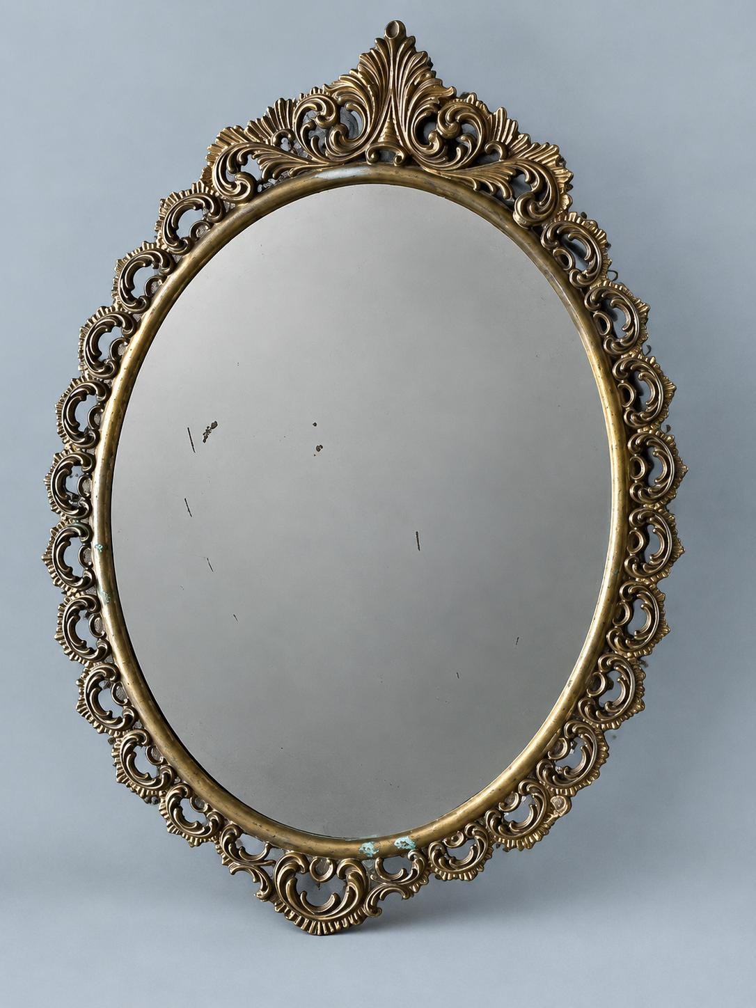 Vintage Oval Wall Mirror with Openwork Scrolled Brass-Tone Frame, Baroque Hollywood Regency Style, 40 × 29 cm