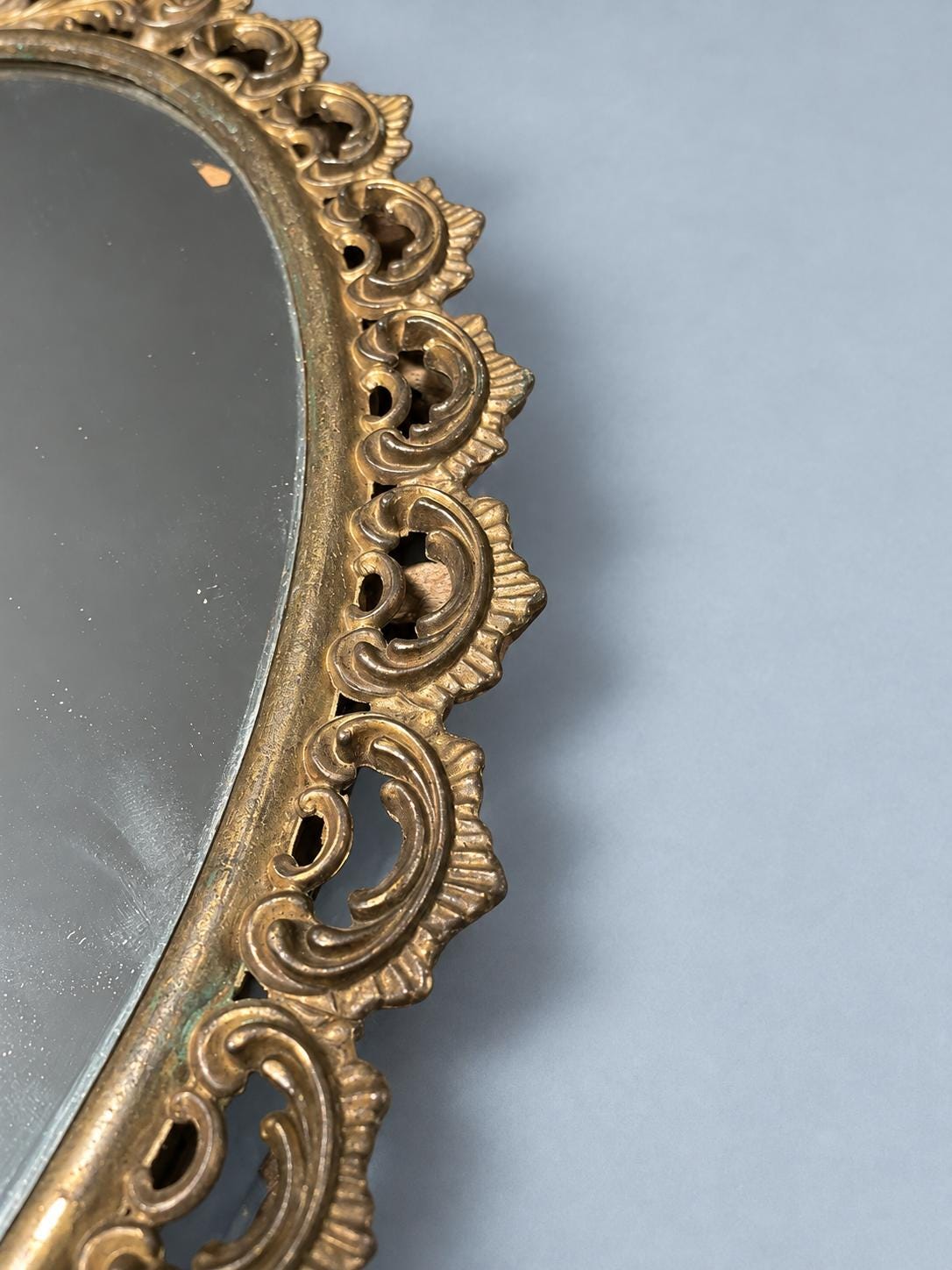 Vintage Oval Wall Mirror with Openwork Scrolled Brass-Tone Frame, Baroque Hollywood Regency Style, 40 × 29 cm