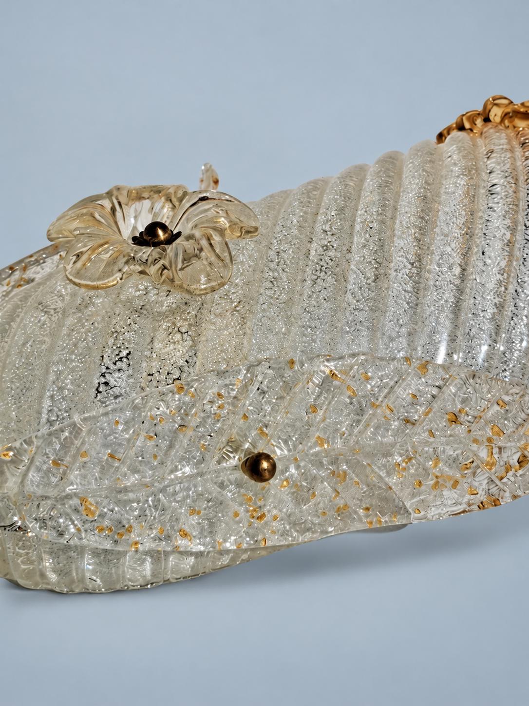 Shield-Shaped Glass Wall Sconce with Graniglia Texture, Amber Ruffled Rim, Glass Leaves and Flower, 30 cm