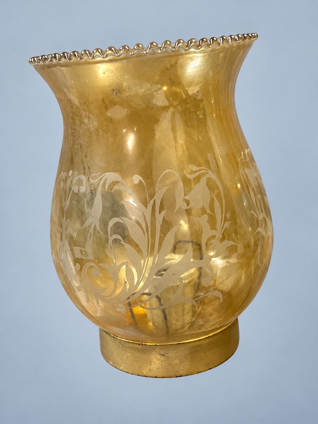 Vintage Two-Arm Wall Sconce with Amber Etched Glass Hurricane Shades, Gold-Painted Metal with Fan Backplate, 22 cm