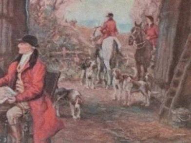 Framed English Hunting Scene Print, Huntsmen in Red Coats Gathered at a Country Inn with Hounds, Wood Frame, 51 × 41 cm